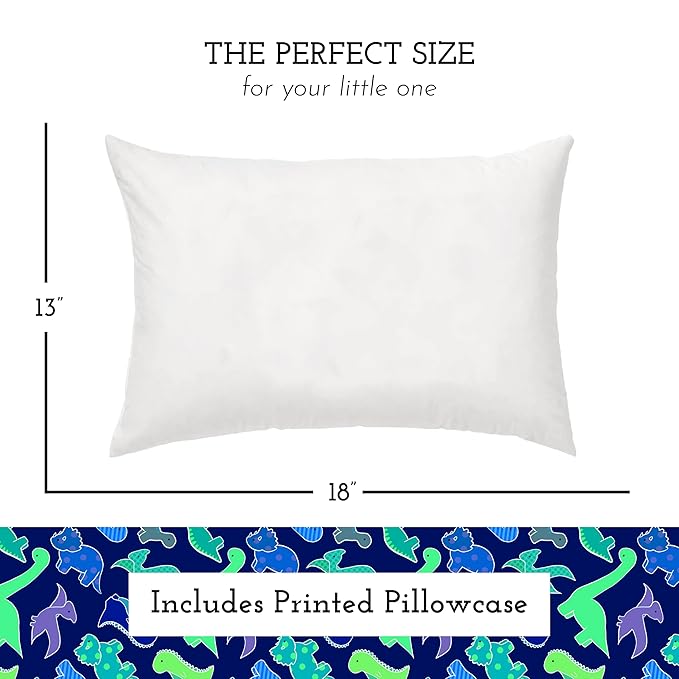 Little Sleepy Head Toddler Pillow with Pillowcase 13x18 - Kids Pillow for Sleeping - Better Neck Support Ergonomic Pillow and Toddler Pillowcase - Best Pillows for Kids (Dinosaurs Blue)