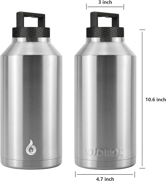 BJPKPK Half Gallon Water Bottle Insulated, Dishwasher Safe 64 oz Water Bottle with Handle, Leakproof BPA Free Water Jug, Large Metal Thermo for Sports, Stainless Steel Primary Color