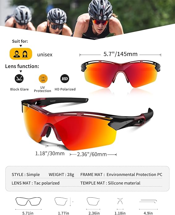 Rosemal Sports Sunglasses Polarized Cycling Sunglasses Running Driving Fishing Hiking for Men Women UV400 TAC TR90