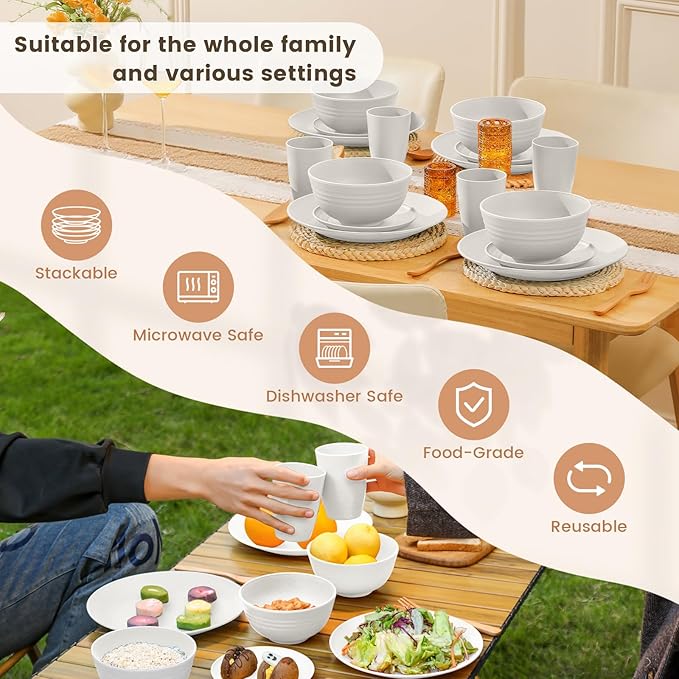 Homienly Wheat Straw Dinnerware Sets - 16 PCS Unbreakable Dinner Plates,Dessert Plates,Cereal Bowls,Drinking Cups,Dishes Sets for 4,Reusable Dishwasher & Microwave Safe for Kitchen - White