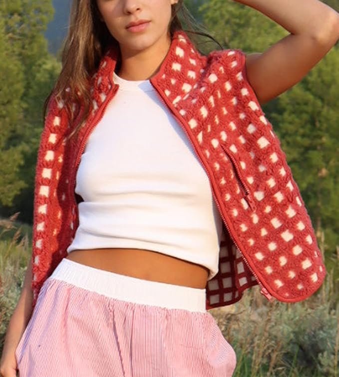 Colorful world Womens Checkered Sherpa Vest Fleece Jacket Lightweight Zip Up Sleeveless Crochet Plaid Gilet with Pocket