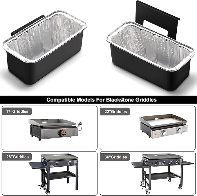 Grill Grease Catcher for Blackstone Griddle with 10 Pack Grease Cup Liners Aluminum Foil Tray Pan Drip Tray Pan for 17, 22, 28 & 36 inches Griddle (Short Hook + Long Hook)