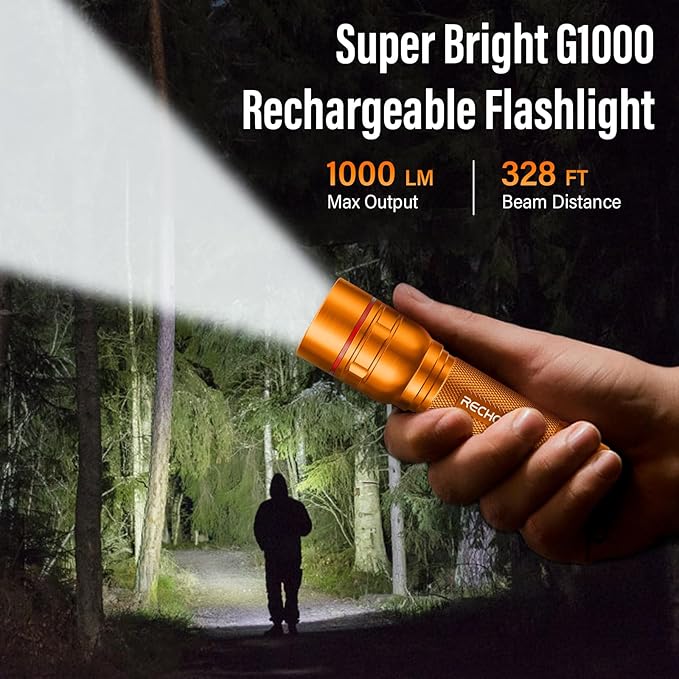 Rechargeable Flashlights High Lumens, G1000 Super Bright Flash Light Orange, Small Zoomable LED Flashlight with 3 Lighting Modes, Portable Tactical Flashlight for Camping Essentials (Battery Included)