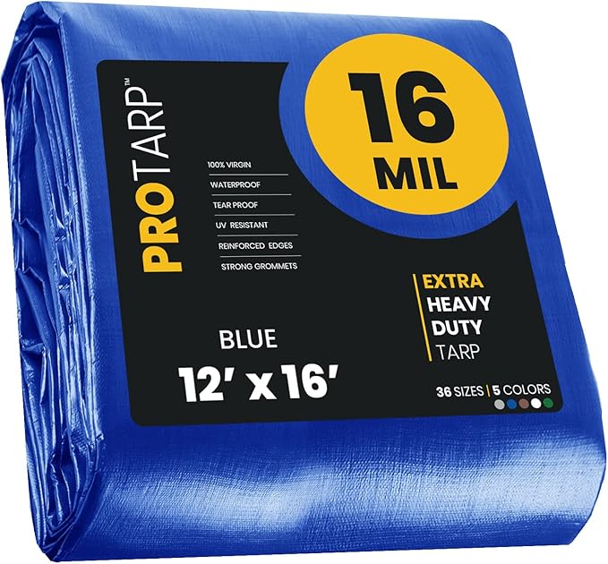 PROTARP Extra Heavy Duty 16 Mil Tarp Cover, Waterproof, UV Resistant, Rip and Tear Proof, Poly Tarpaulin with Reinforced Edges for Roof, Camping, Patio, Pool, Boat. (Blue 12′ X 16′)