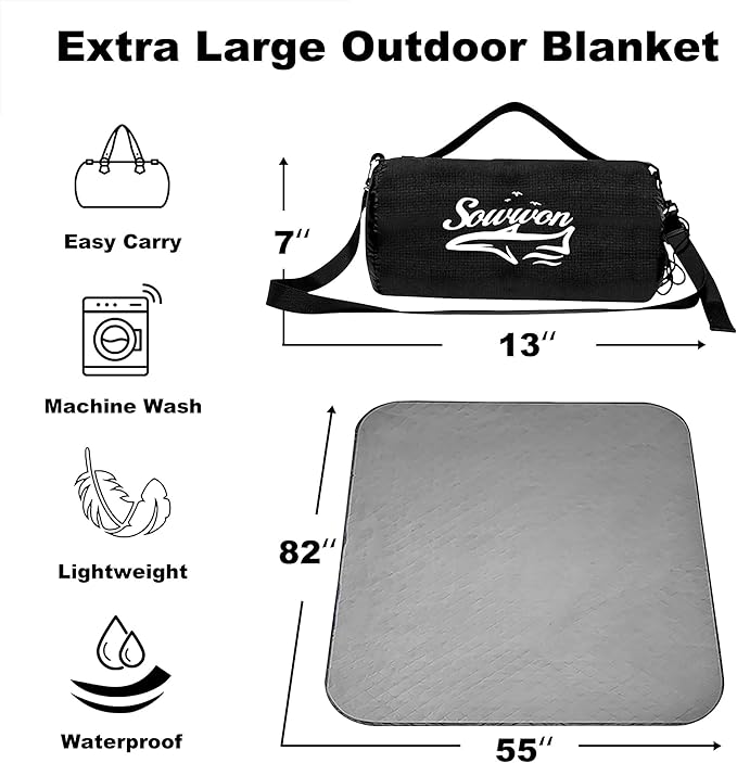 Waterproof Outdoor Blanket 82”X 55” Packable, Stadium Blankets for Camping with Fleece Lining, Large Windproof Emergency Throw Mat for Garss Picnic Hiking Road Trip, Machine Washable, Black 280GSM