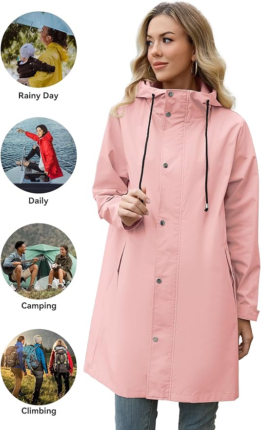 Zando Long Packable Rain Jacket Women Waterproof - Raincoat for Women Rain Coat with Hood Lightweight Outdoor Windbreaker