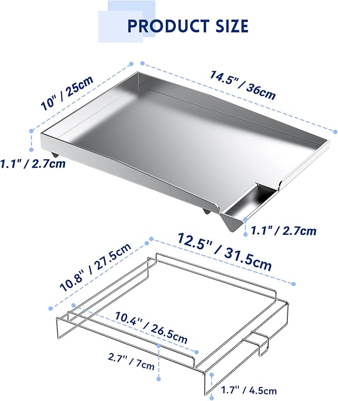 Skyflame Universal Stainless Steel Griddle, Flat Top Gas Grill Griddle Pan with Removable Rack and Raised Lip Edges, Fit for Most Gas Grill with Side Burner and Other Grills, Size 14.5" x 10"