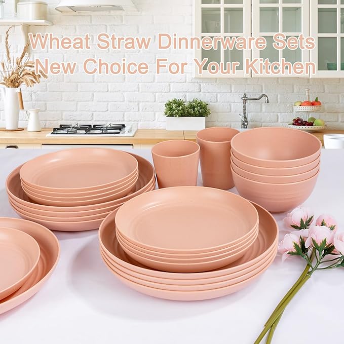 Rubtlamp 16Pcs Plastic Wheat Straw Dinnerware Set, Reusable Plastic Plate Set for 4, Kitchen Plates And Bowls Set (Orange Pink) for Daily, Camping