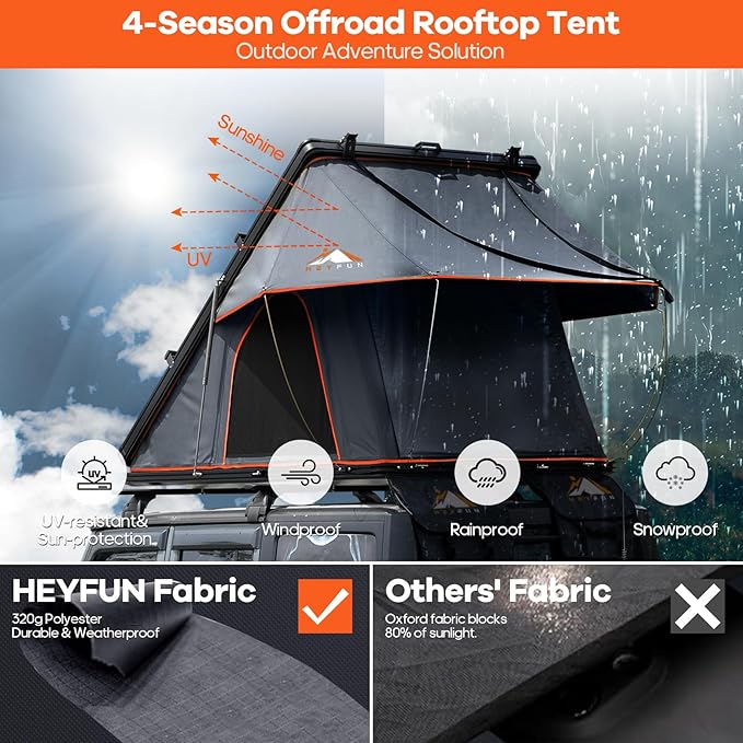 Adventurer Pro Rooftop Tent Hard Shell with USB Outlet, Side Awning, Replaceable Rain Fly&Luggage Racks for 4 Season Camping, Aluminum Pop Up 2-3 Person Roof Top Tent for Truck Jeep SUV Van Trailer