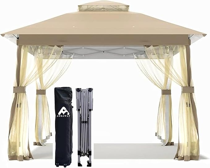 Auraway Instant Pop-Up Gazebo with Mosquito Net and Waterproof Double Roof - for Camping, Beach, Backyard; Easy Setup; Sun Shade with UV Protection (Chocolate) (13X13) (Light Beige, 11 * 11)