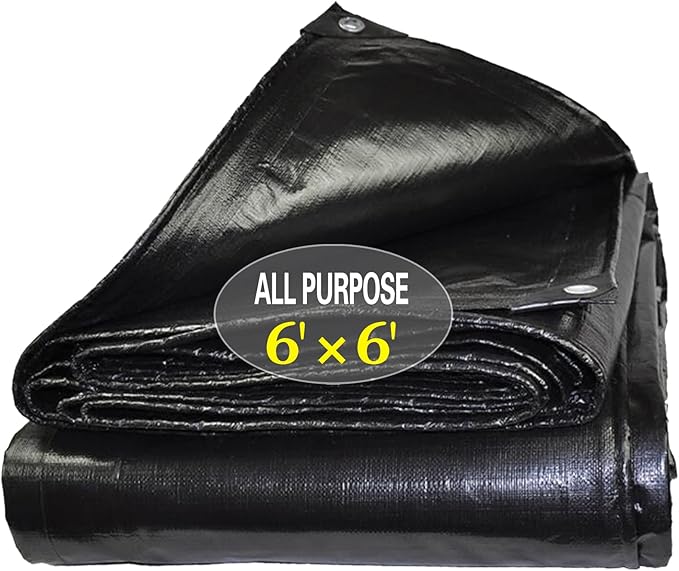 Tarps Heavy Duty Waterproof 6x6ft,TEZONG 12Mil Poly Tarp Multipurpose Tarpaulin Outdoor Cover Black for Emergency Rain,Patio Furniture,Roof,Camping,Car,Pool