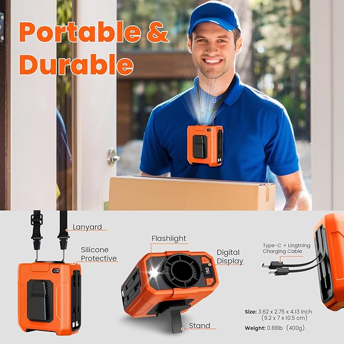 Portable Waist Fan - 5 Speeds 18000RPM Strong Airflow 10000mAh Battery Powered 35H Cooling - Hands-Free Waist Neck Desk Fan with Flashlight for Outdoor Jobsite Camping, Orange