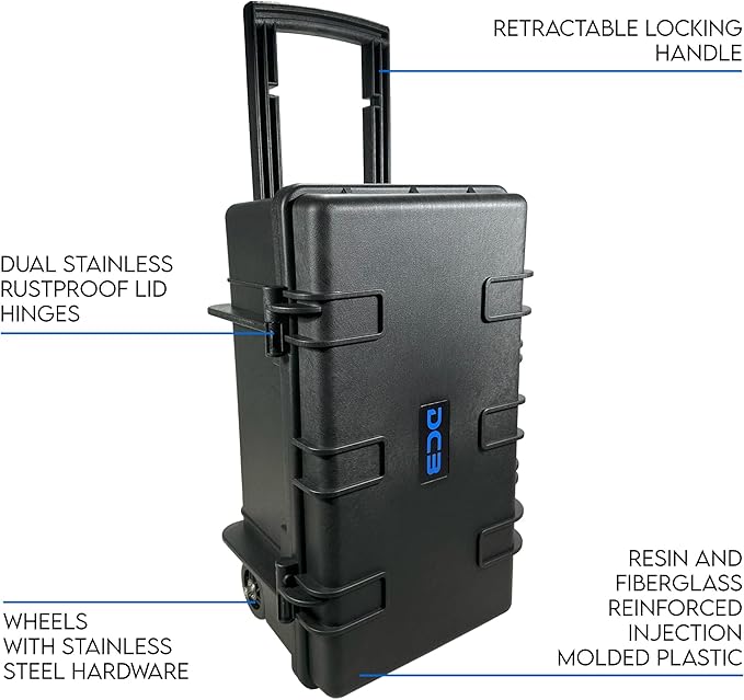 DCB Cases - Element 5573F | 22 x 14 x 10 Ext Dim | IP67 Waterproof | Pluck Foam Insert | Telescoping Handle | Foldable Grip | Resin-Reinforced Injection Molded Plastic | 2 Latch Lid Close | Wheels