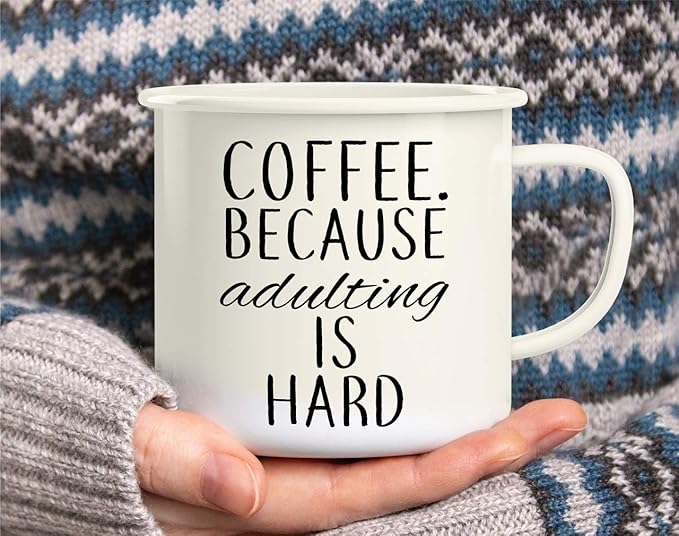 Retreez Coffee. Because Adulting is Hard 16 Oz Enamel Stainless Steel Metal Camping Campfire Coffee Mug - Funny Sarcastic Motivational Inspirational birthday gift for friend coworker sister dad mom