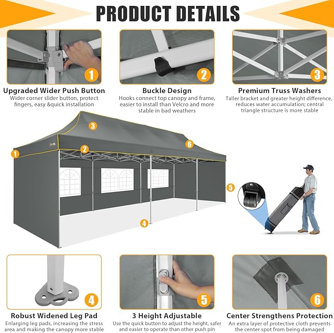 HOTEEL Tents for Parties 10x30 Heavy Duty Pop Up Canopy Tent with 5 Sidewalls&Wheeled Bag, Commercial Event Party Tent Wedding Instant Canopy Waterproof, UV 50+, Upgraded Thicked Hexagonal Legs, Gray