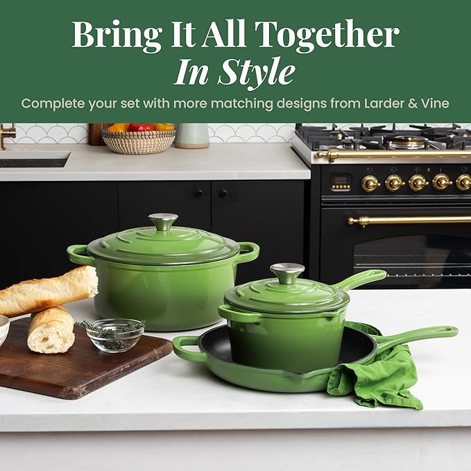 Larder & Vine Enameled Cast Iron Skillet | 10.25 inch Cast Iron Pan | Saute Pan with Pour Spouts | Enamel Coated Cast Iron Skillet | Compatible on All Cooktops & Oven Safe to 500° F | Okra