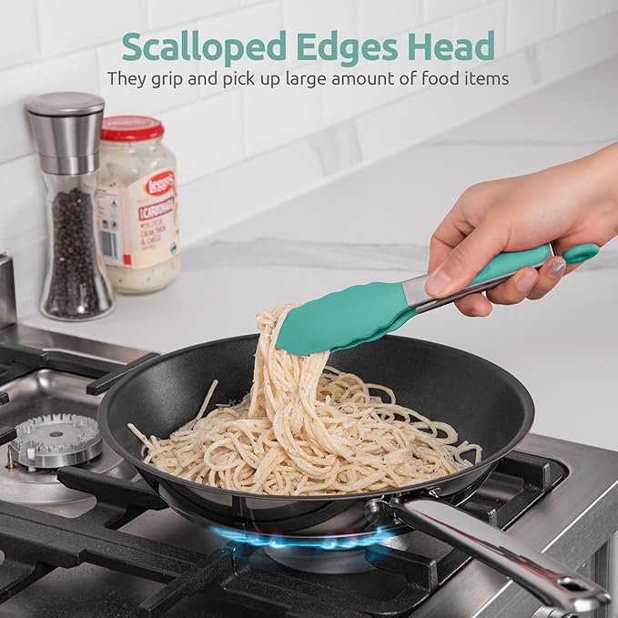 600ºF Heat Resistant Kitchen Tong: U-Taste 7in Silicone Cooking Tong with Firm Sealed Non Stick Rubber Tips & Silicon Coated 18/8 Stainless Steel Handle & Smooth Locking for Serving Salad (Aqua Sky)