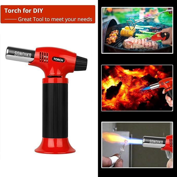 Sondiko Butane Torch Lighter, Refillable Kitchen Torch with Safety Lock and Adjustable Flame for Desserts, Creme Brulee, and Baking, Orange