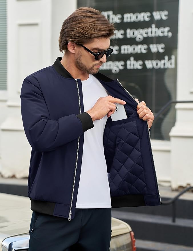 Cotrasen Men's Bomber Jacket Full Zip Windbreaker Warm Winter Windproof Casual Outwear Padded Lined Coats