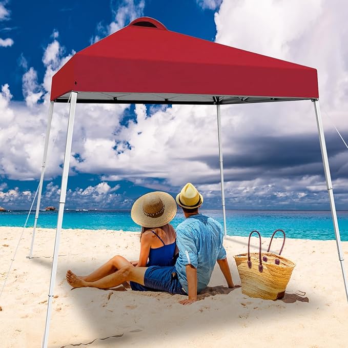 8x8 Top Pop Up Canopy Tent with Central Lock Design, Slant Legs, Backpack, Easy Outdoor Sun Shade for Events, Parties, Camping(Red)