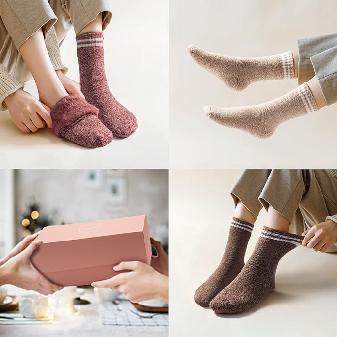 HUGSWEET Thermal Winter Socks for Women Extra Thick Insulated Heated Slipper Socks for Cold Weather 4 Pairs (Multicolor)