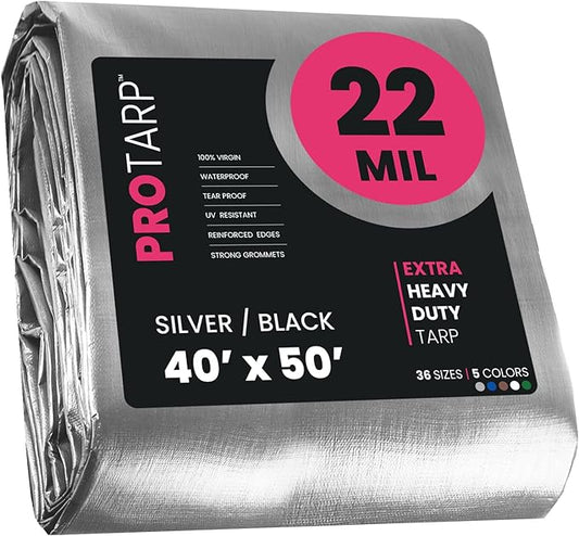 PROTARP Extreme Heavy Duty 22 Mil Tarp Cover, Waterproof, UV Resistant, Rip and Tear Proof, Poly Tarpaulin with Reinforced Edges for Roof, Camping, Patio, Pool, Boat. (Silver/Black 40′ X 50′)