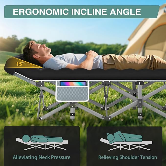 ZENPETIO Camping Cot for Adults, Heavy-Duty Portable Cot Bed with Mattress, Foldable Padded Sleeping Cots for Camping Travel Tent Day Bed Outdoor & Home Guest, Max Load 500 LBS, 75x28x15”