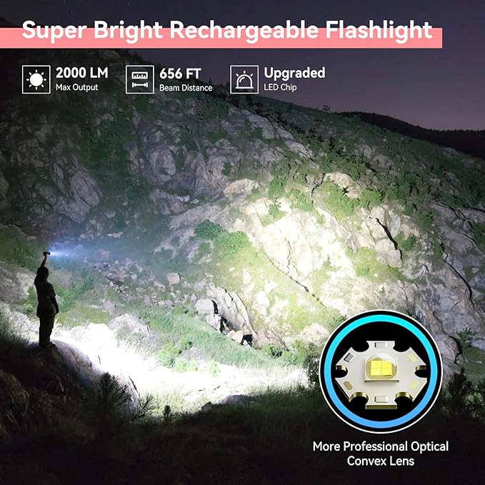 LETMY Rechargeable Flashlights High Lumens, 2 Pack 2000 Lumens Bright LED Tactical Flashlight, 3 Modes Samll Powerful Flash Lights with Clip, Waterproof Flashlights for Home Emergency Camping (Pink)