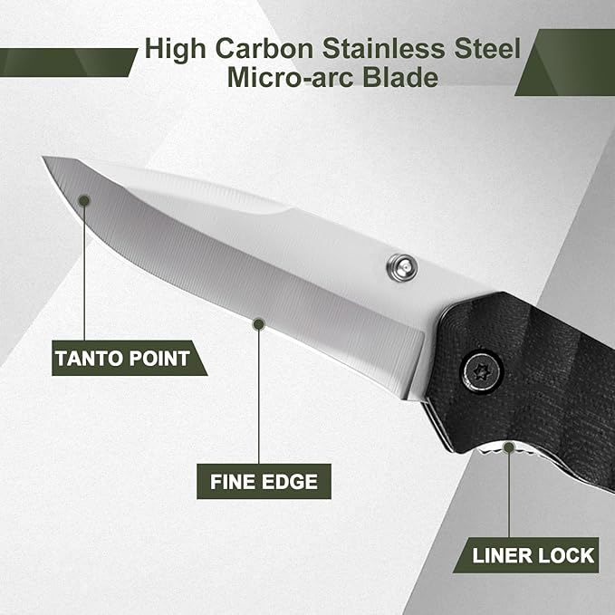 Pocket Knife Upgrade G10 Handle - Lightweight EDC, Folding Knives High Carbon Stainless Steel Blade, Camping Folding knives with Liner Lock for Fishing, Hunting, and Hiking