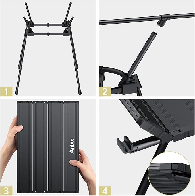 3ft Folding Camping Table, 4 Adjustable Heights Tall Aluminum Roll Up Camping Table with Carrying Bag, Portable, Waterproof, for Picnic, Outdoor, Travel, Backyard, Beach, 35” X 16”, Black