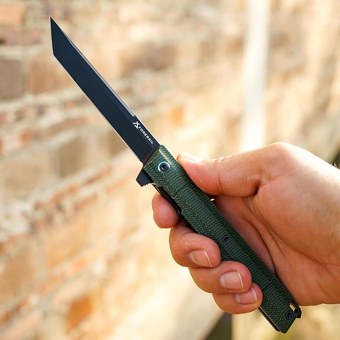 Flipper Pocket Folding Knife,DC53 Steel Blade and G10 Handle. With pocket clip and glass breaker,men's pocket knife hiking trip EDC tool Knife (Green Micarta Handle)