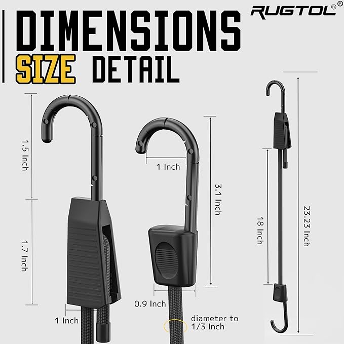 Adjustable Bungee Cords, 18inch Heavy Duty Outdoor Elastic Bungee Straps with Hooks Easy to Adjust, UV Resistance Black Bungee Rope for Securing Tarps, Luggage, Tents, Bikes or Garden Tidying 6Pcs