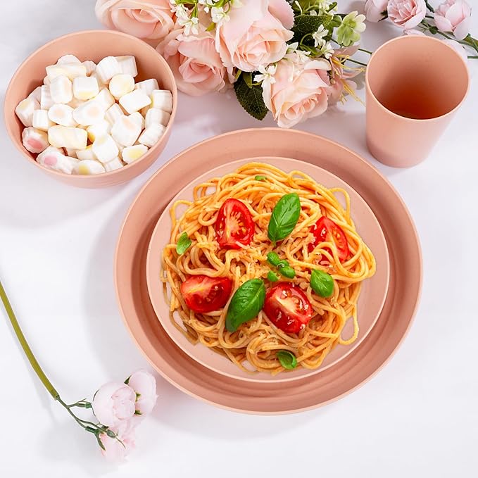 Rubtlamp 16Pcs Plastic Wheat Straw Dinnerware Set, Reusable Plastic Plate Set for 4, Kitchen Plates And Bowls Set (Orange Pink) for Daily, Camping