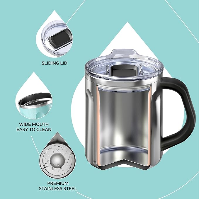 Ideus 16 oz Coffee Cup, Stainless Steel Coffee Travel Mug, Spill Proof Tea Mug with Handle and Lid, Lightweight and Durable, Great for Office Home and Outdoor Use, Sky Blue