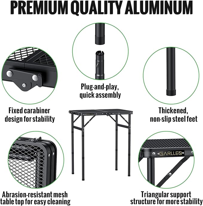 GARLLEN 2ft Folding Grill Table, 3 Adjustable Height Lightweight Camping Table with Heat-Resistant Mesh Desktop, Portable Aluminum Outdoor Tables for BBQ, Camping, Picnic, 22.8" L x 15.7" W, Black
