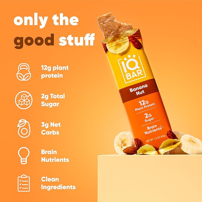 IQBAR Brain and Body Plant Protein Bars - Banana Nut - 36-Count Low Carb - Gluten Free, High Fiber, Vegan Snacks - Low Sugar Meal Replacement