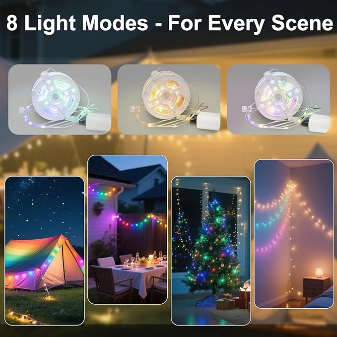 Moobibear Camping String Lights, Quick Storage, 66FT/200LED RGB Rechargeable Tent Lights String with USB 8 Lighting Modes, Hanging Waterproof Portable LED Lamp for for Camping Essentials, Yard, Party
