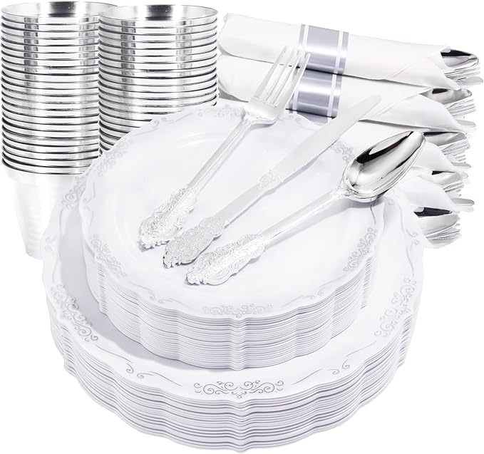 U-QE 175PCS Silver Plastic Plates & Pre Rolled Napkins with Silver Plastic Cutlery for 25 Guests, Great for Party & Wedding