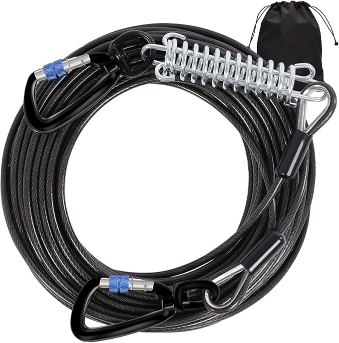 Snagle Paw Dog Tie Out Cable 15FT,Heavy Duty Dog Leads for Yard with Shock Absorbing Spring & Swivel Hook,Leash Cable for Outdoor Camping,Dog Line for Small Large Dogs,withstand 1000LBS Break Strength