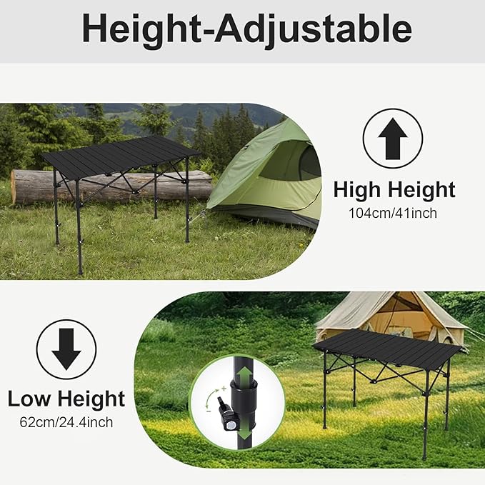 SHANQUAN Folding Camping Table, 46.5 ร 21.7 Inches Portable Camp Table Aluminum Fold Up Lightweight Roll Up Table Adjustable Height with Carry Bag for Camping, Picnic, Backyard, BBQ, Patio, Black
