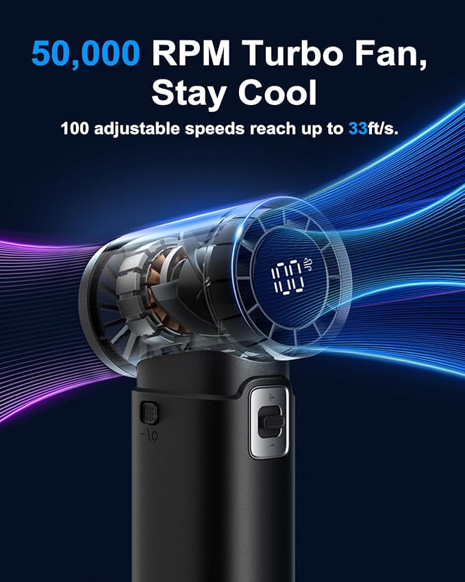 Handheld Fan - Portable Fan with Charger Power Bank, 9000mAh Rechargeable 18W Fast Charging, Type-C Input, 50000RPM High Speed Turbo Airflow for Travel Concerts Cruise Makeup, Black