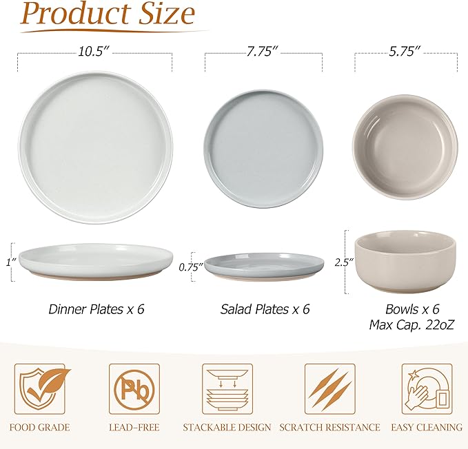 LIANYU Dinnerware Set for 6, 18PCS Dining Plates and Bowls Dishes for Kitchen Dining, Ceramic Dinner Set, Scratch Resistant & Dishwasher Safe, Assorted Colors