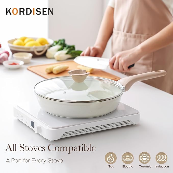 Ceramic Nonstick Frying Pan Skillet Set with Lid, 3 Piece Ceramic Pans for Cooking Non Toxic, Healthy Induction Cookware, Stay-Cool Handle, PFOA & PFAS Free (8 Inch, 9.5 Inch, 11 Inch)