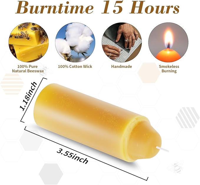 15-Hour Natural Pure Beeswax Candles for Candle Lanterns, Long Lasting Burning Candles Bulk for Camping, Emergency, Survival Emergency Preparedness (10)