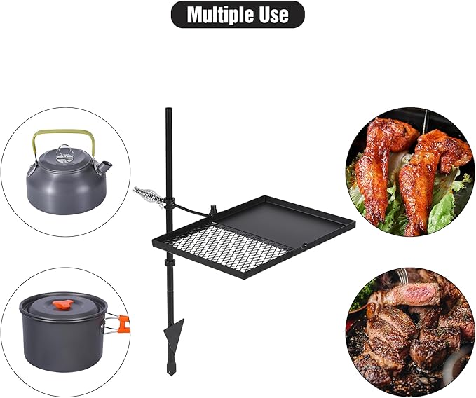 Lineslife Swivel Campfire Grill Grate and Griddle, Adjustable Fire Pit Grill Grate Over Fire Pit, Camp Fire Cooking Grate with Carrying Bag for Outdoor Camping BBQ, Rectangle Black