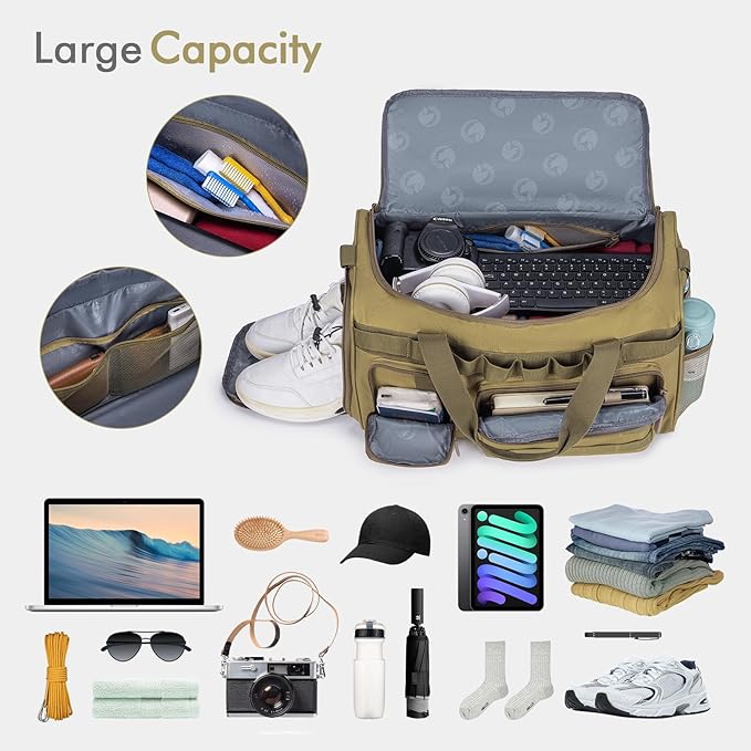 BAGZY Tactical Gym Bags for Men 3 In 1 Travel Duffle Bag 40L with Shoe Compartment Travel Backpack Fitness Weekender Deployment with 1pcs Tactical Toiletry Bag Khaki