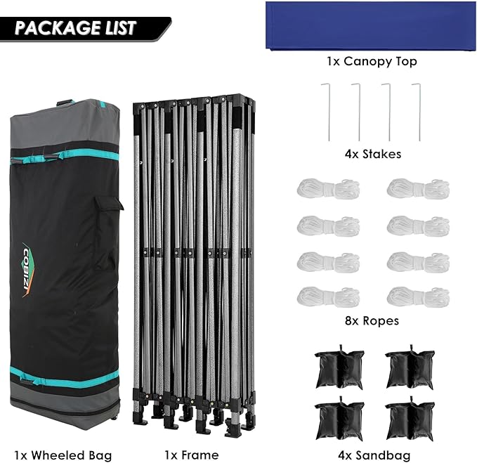 COBIZI 10x30 Pop up Canopy, Heavy Duty Outdoor Party Tents for Parties, Ez up UPF 50+ Waterproof Commercial Canopy with Wheeled Bag can fold, Dark Blue