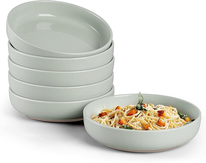 HaWare Pasta Bowls Set of 6, 33oz Large Salad Bowls for Home Kitchen, Ceramic Serving Plates for Soup, Cereal, Wide and Shallow Dinner Bowl, Microwave & Dishwasher Safe, Asparagus Green