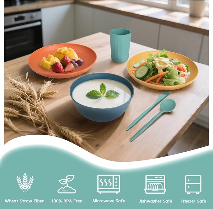 28 Piece Wheat Straw Dinnerware Sets,Dishwasher & Microwave Safe Plates and Bowls Sets - Unbreakable Plastic Dinnerware Sets for 4 Dinner Plates, Cups, Cereal Bowls - Colorful Series