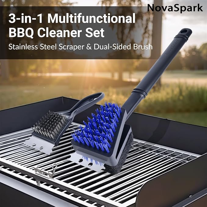Nylon Bristle Grill Brush for BBQ - Heavy Duty Grill Cleaning Kit with Scraper, Safe for All Grill Types - Non-Scratch Bristles & Long Plastic Handle - Outdoor Barbecue Brushes 2-Piece Set